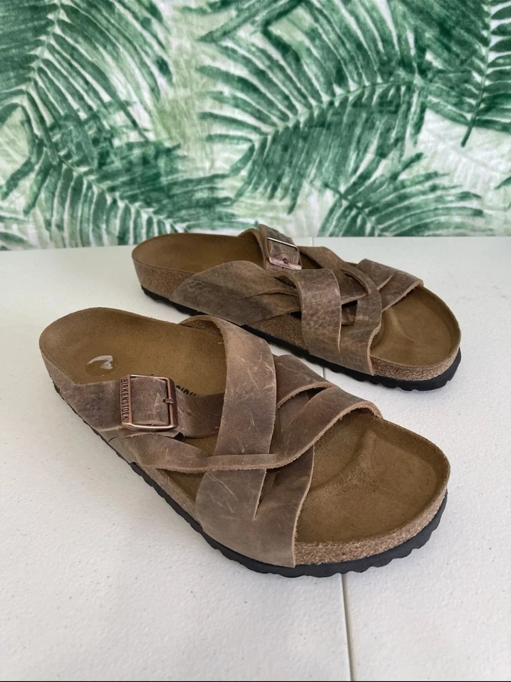 Birkenstock Taupe Crisscross Leather Slide Sandals with Buckle